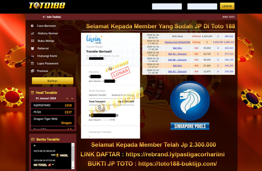 Bukti Jp Kemenangan Toto188 Singapore Pools 01 Januari 2024