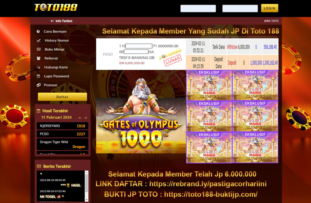 Bukti Jp Kemenangan Toto188 gates Of Olympus 11 Februari 2024