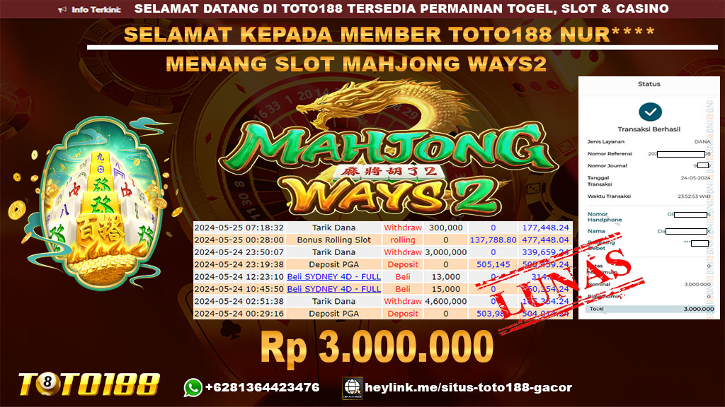 Bukti jp kemenangan Slot maahjong wyas2 24 mei 2024