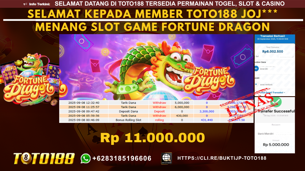 Bukti JP Kemenangan SLOT GAME FORTUNE DRAGON 08 SEPT 25