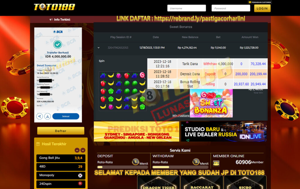 Bukti Jp Kemenangan Toto188 18 Desember 2023 Sweet Bonanza