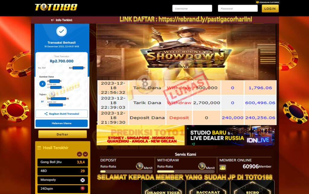 Bukti Jp Kemenangan Toto188 Wild Bounty Showdown 18 Desember 2023
