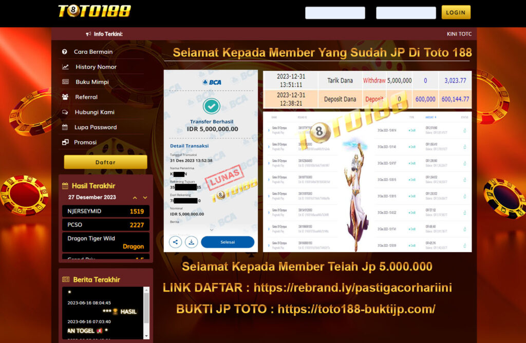 Bukti Jp Kemenangan Toto188 Gates Of Olympus 31 Desember 2023
