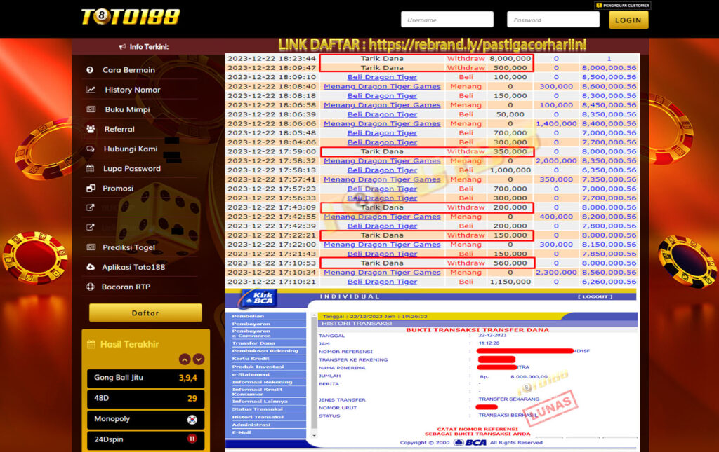 Bukti JP Kemenangan Toto 188 Dragon Tiger 22 Desember 23