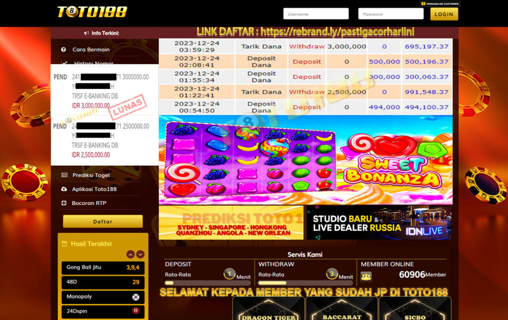 Bukti Jp Kemenangan Toto188 Sweet Bonanza 24 Desember 23