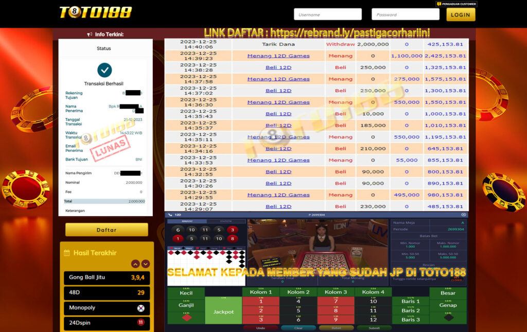 Bukti Jp Kemenangan Toto188 12D Games 25 Desember 2023