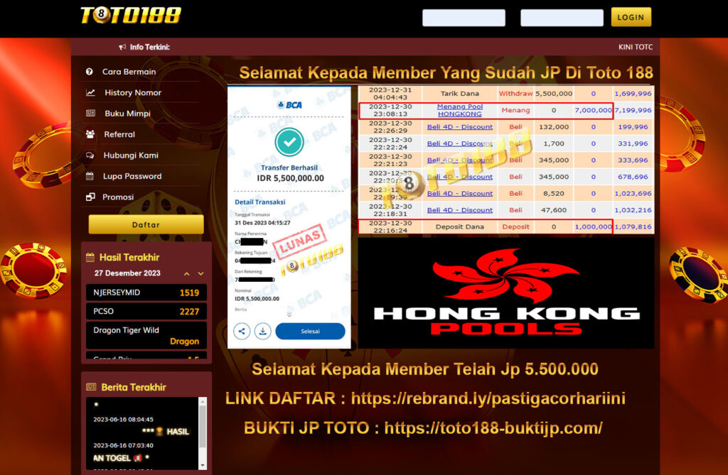 Bukti Jp Kemenangan Toto188 Hongkong Pools 31 desember 2023