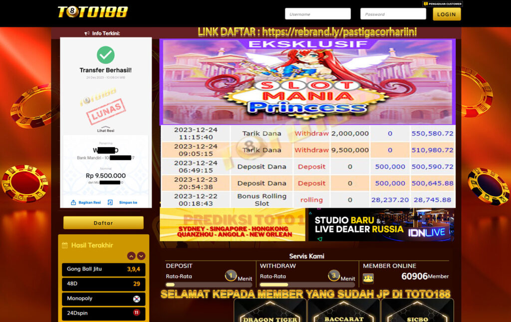 Bukti Jp Kemenangan Toto188 Slot Mania Princess 24 Desember 2023
