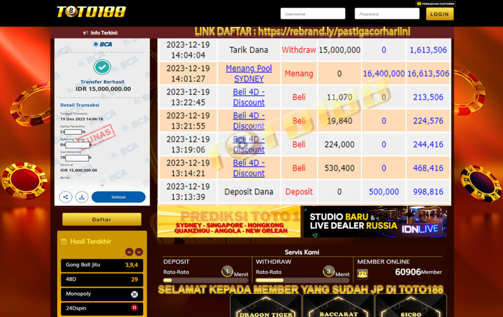 Bukti Jp Kemenangan Toto188 Sydney Pools 19 Desember 2023