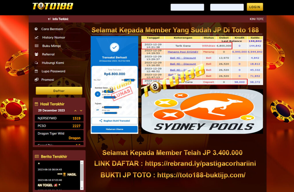 Bukti Jp Kemenangan Toto188 Sydney Pools 29 Desember 2023