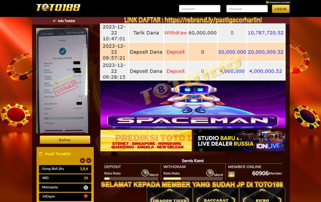 Bukti JpKemenangan Toto188 Spaceman 22 Desember 2023