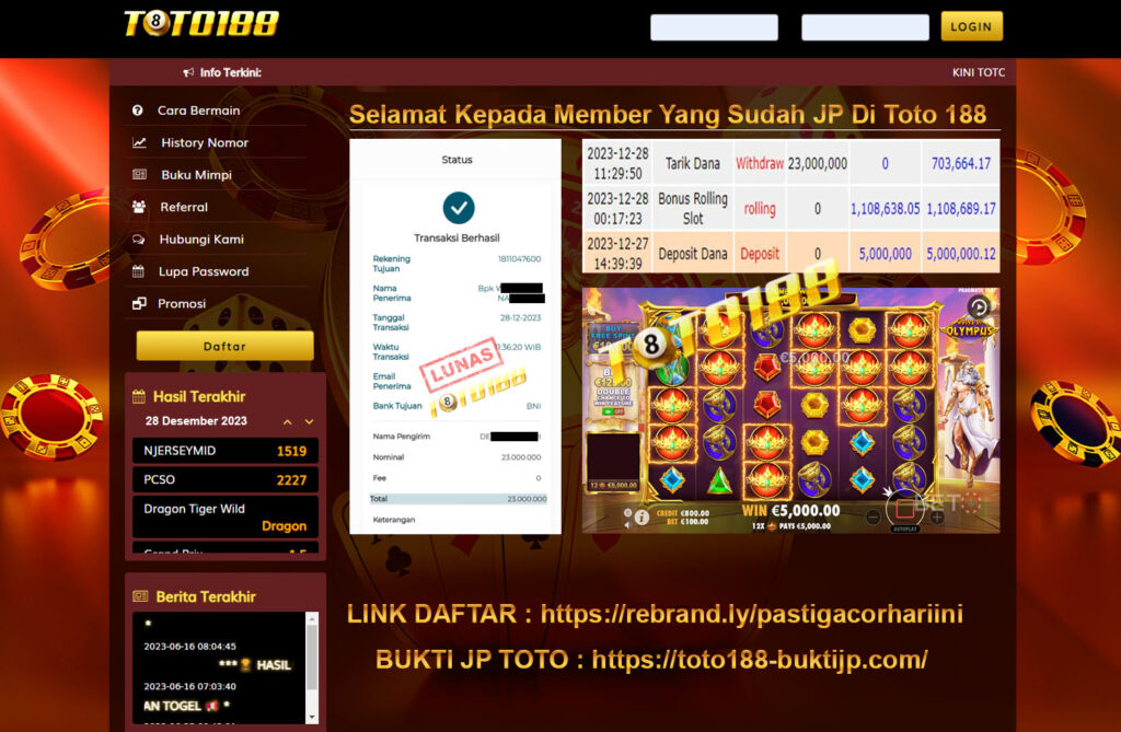 Bukti Jp Kemenangan Toto 188 Gates Of Olympus 28 Desember 2023