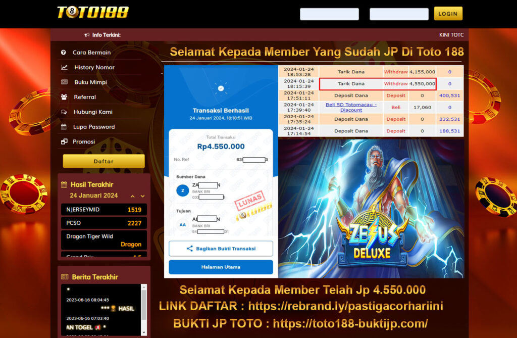 Bukti Jp Kemenangan Toto188 Zeus Deluxe 24 Januari 2024