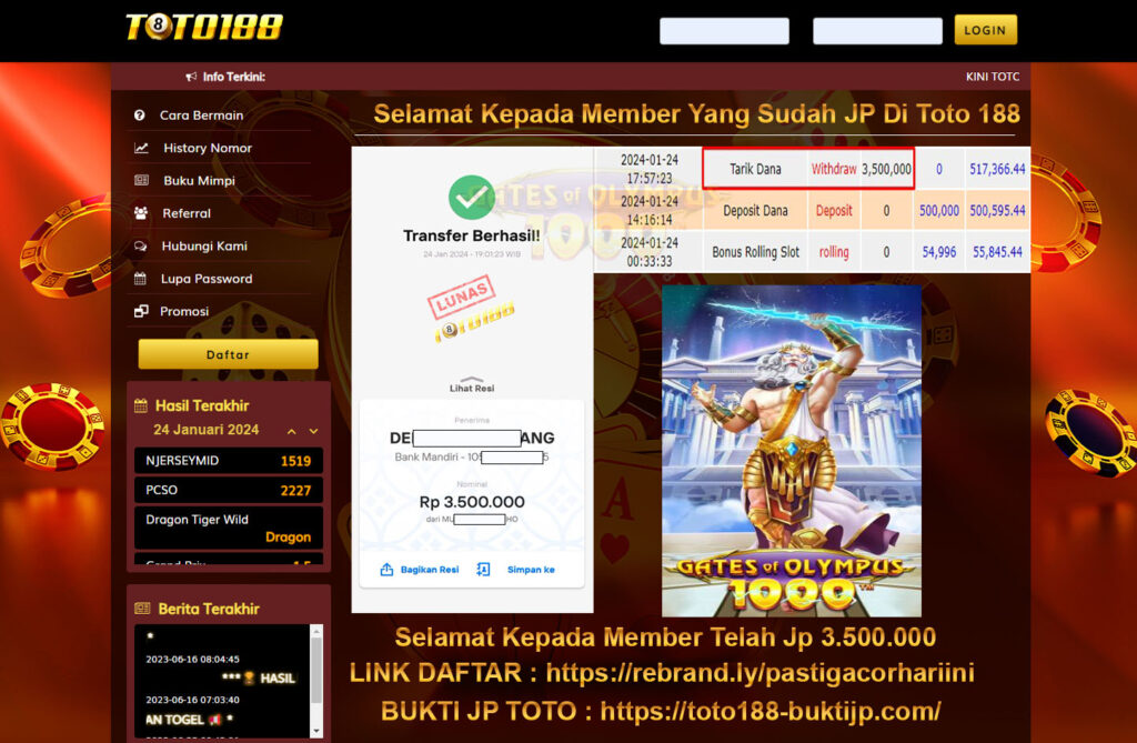 Bukti Jp Kemenangan Toto188 GAtes Of Olympus 1000 24 Januari 2024