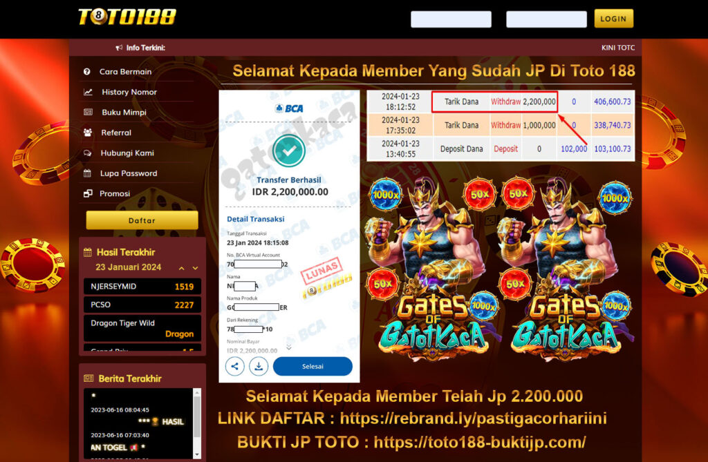 Bukti Jp Kemenangan Toto 188 GATES OF GATOT KACA 23 Januari 2024