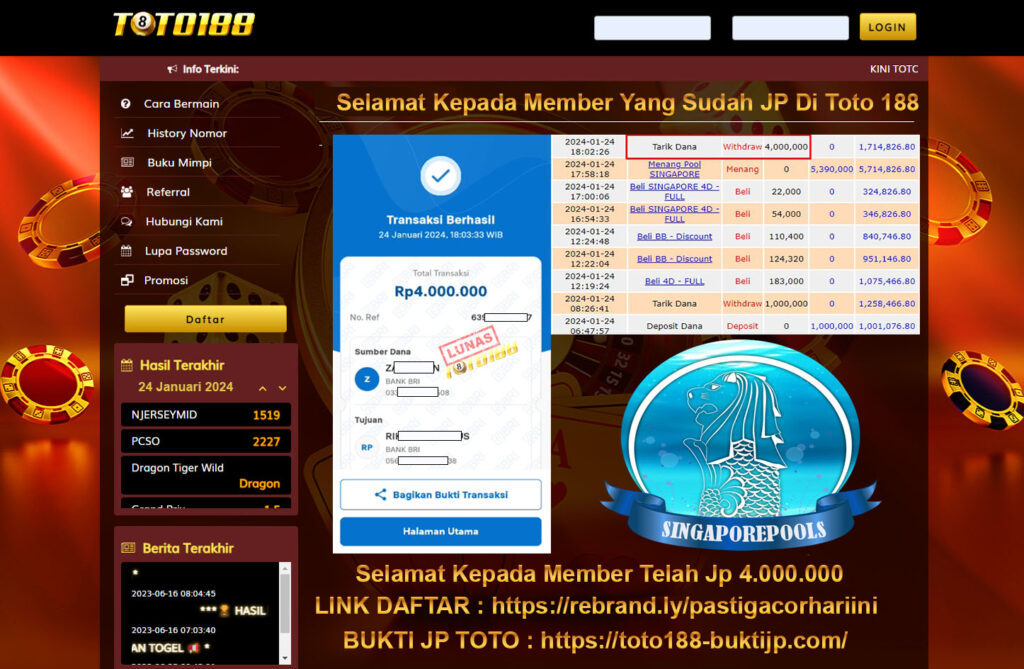 Bukti Jp Kemenangan Toto188 Singapore Pools 24 Januari 2024