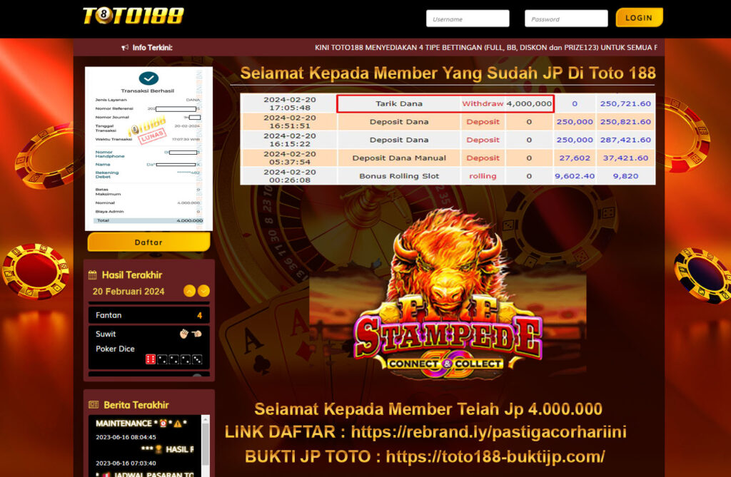 BUKTI jP kEMENANGAN TOTO188 FIRE STAMPEDE 20 FEBRUARI 2024