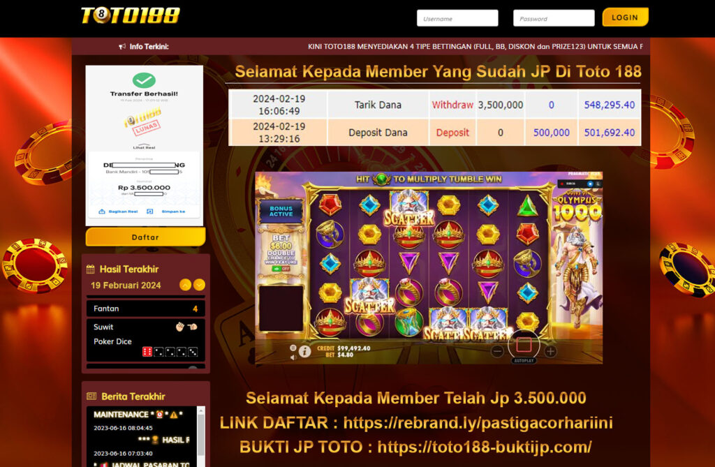 Bukti Jp Kemenangan Toto188 Gates Of Olympus 19 Februari 2024