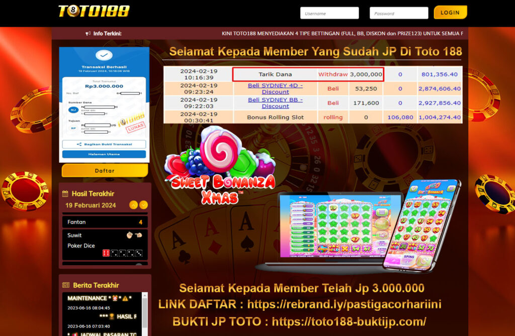 Bukti Jp Kemenangan Toto188 Sweet Bonanza 19 Februari 2024