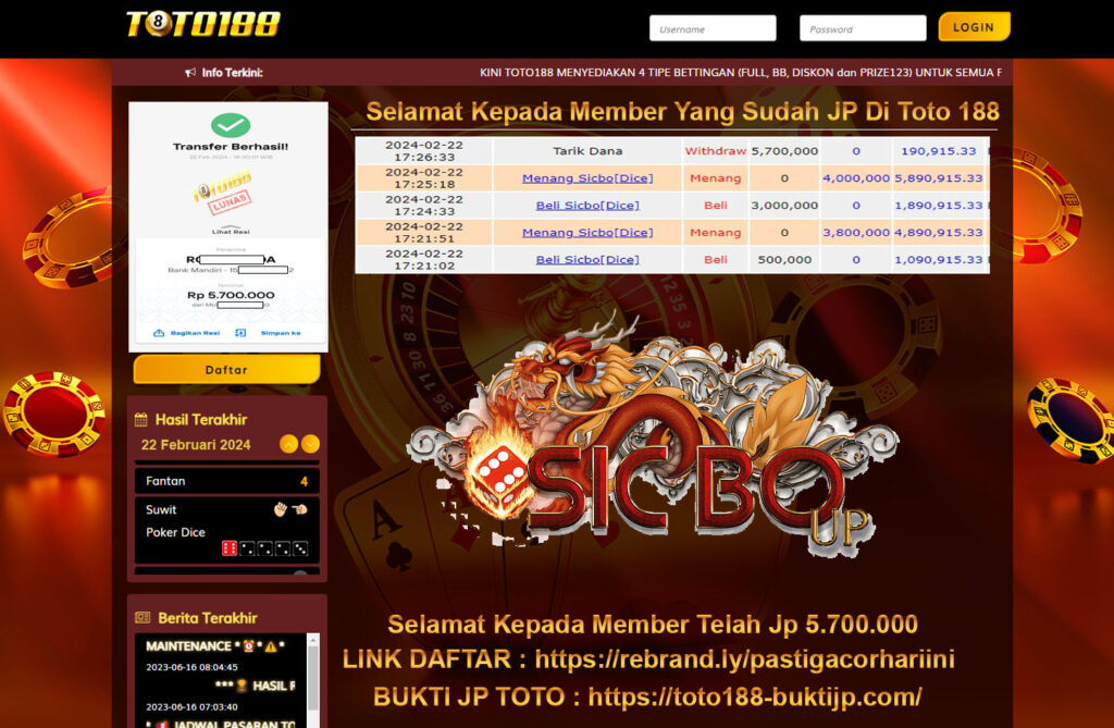 Bukti Jp Kemenangan Toto188 Sicbo Dice 22 Februari 2024