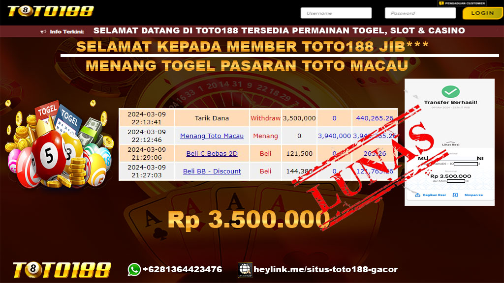 Bukti jp Kemenangan Togel Pasaran Toto Macau Toto188 09 Maret 2024