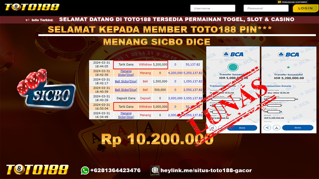 Bukti Jp Kemenangan Sicbo Dice Toto188 31 Maret 2024