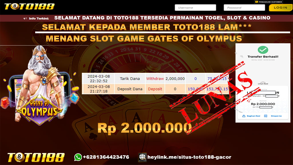 Bukti Jp KEmenangan Gates Of Olympus Toto188 8 Maret 2024