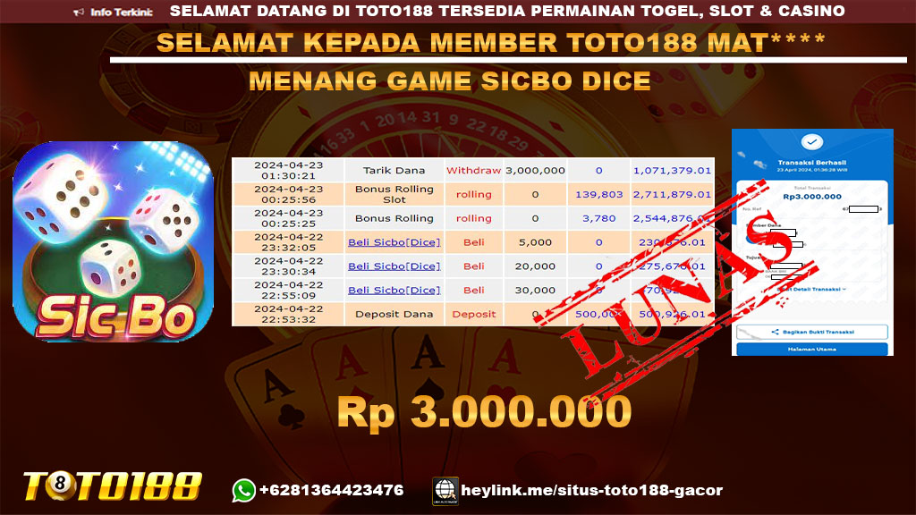 Bukti Jp kemenangan Sicbo dice toto188 23 April 2024