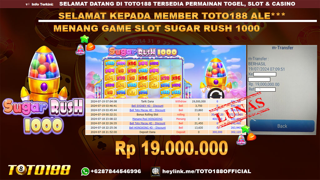 Bukti JP Kemenangan Slot Game SUGAR RUSH 1000 19 Juli 2024